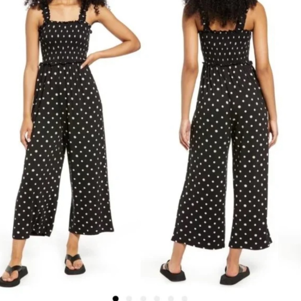 BP Smocked Crop Jumpsuit in Black Prep Polka Dot